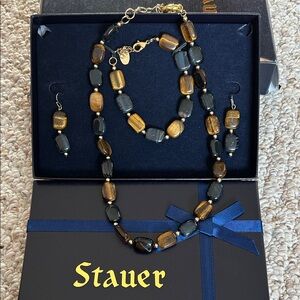 Vintage Stauer Tiger Elyse Gold and Black Necklace, Bracelet and Earrings Set
